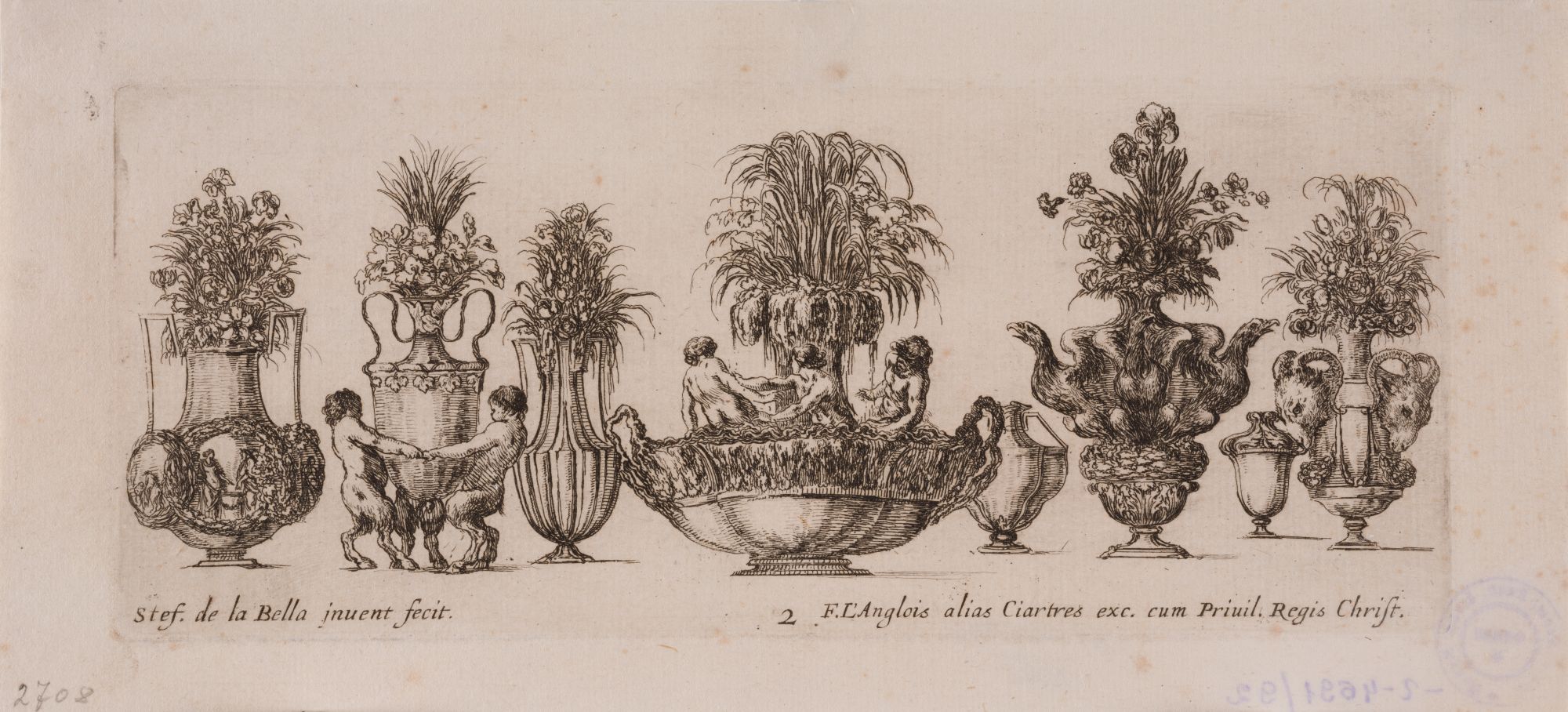 A Series of Six Sheets Depicting Decorative Vases with a Bouquet of Flowers. Sheet No.2. A Line of Vases